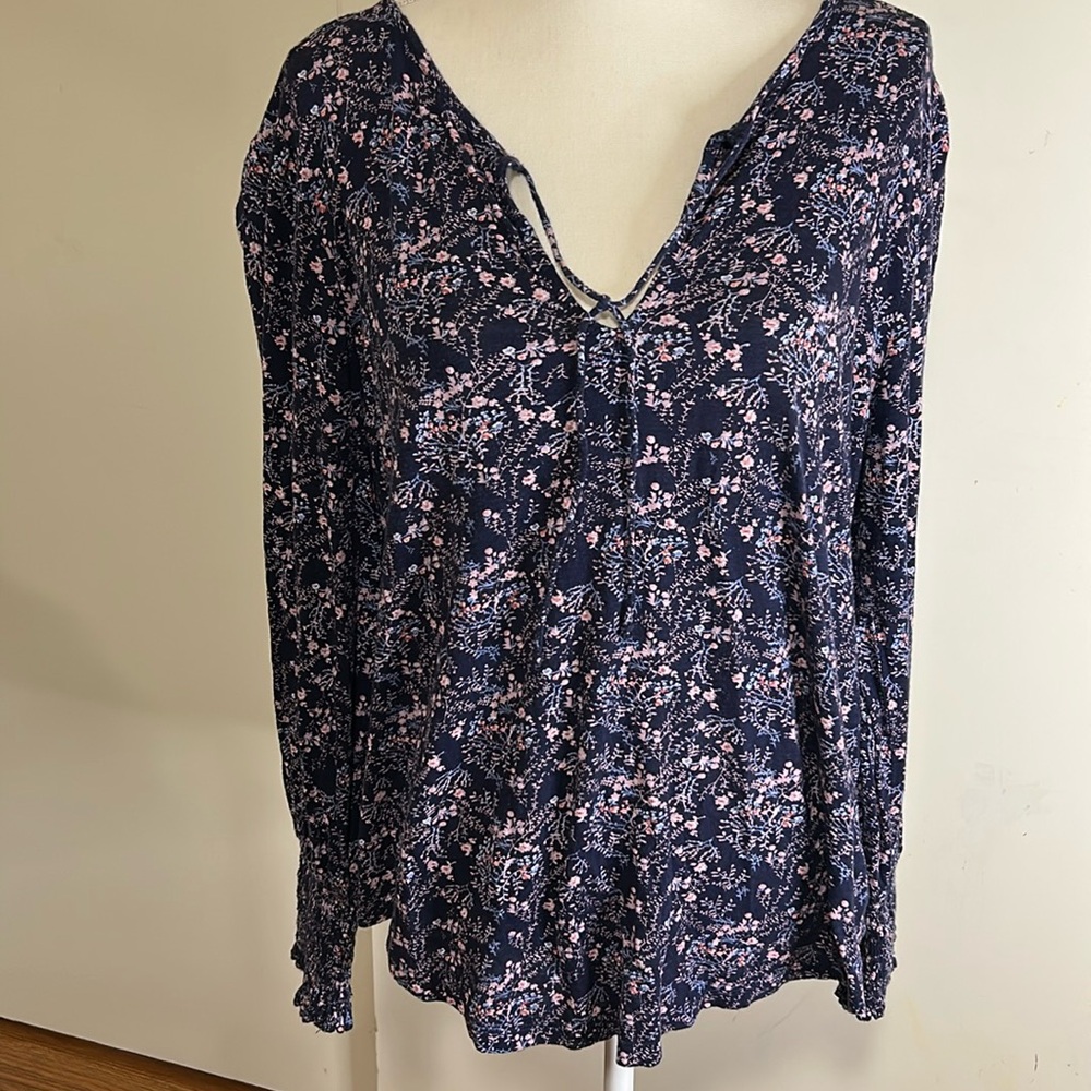 Lucky Brand Navy Print Tie Front Long Sleeve Top